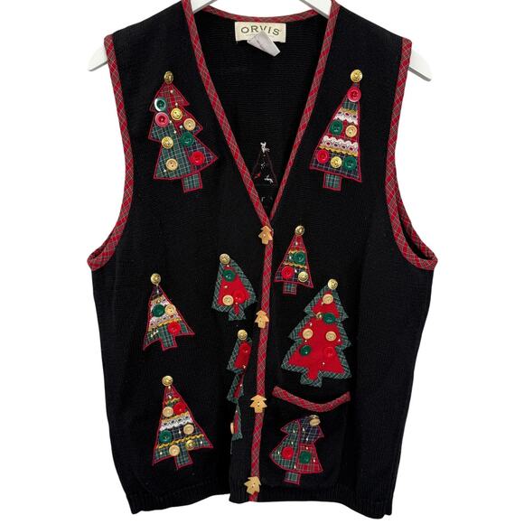 Orvis Sweaters - Orvis Womens Christmas Sweater Vest Size XL Black Christmas Trees Embellished